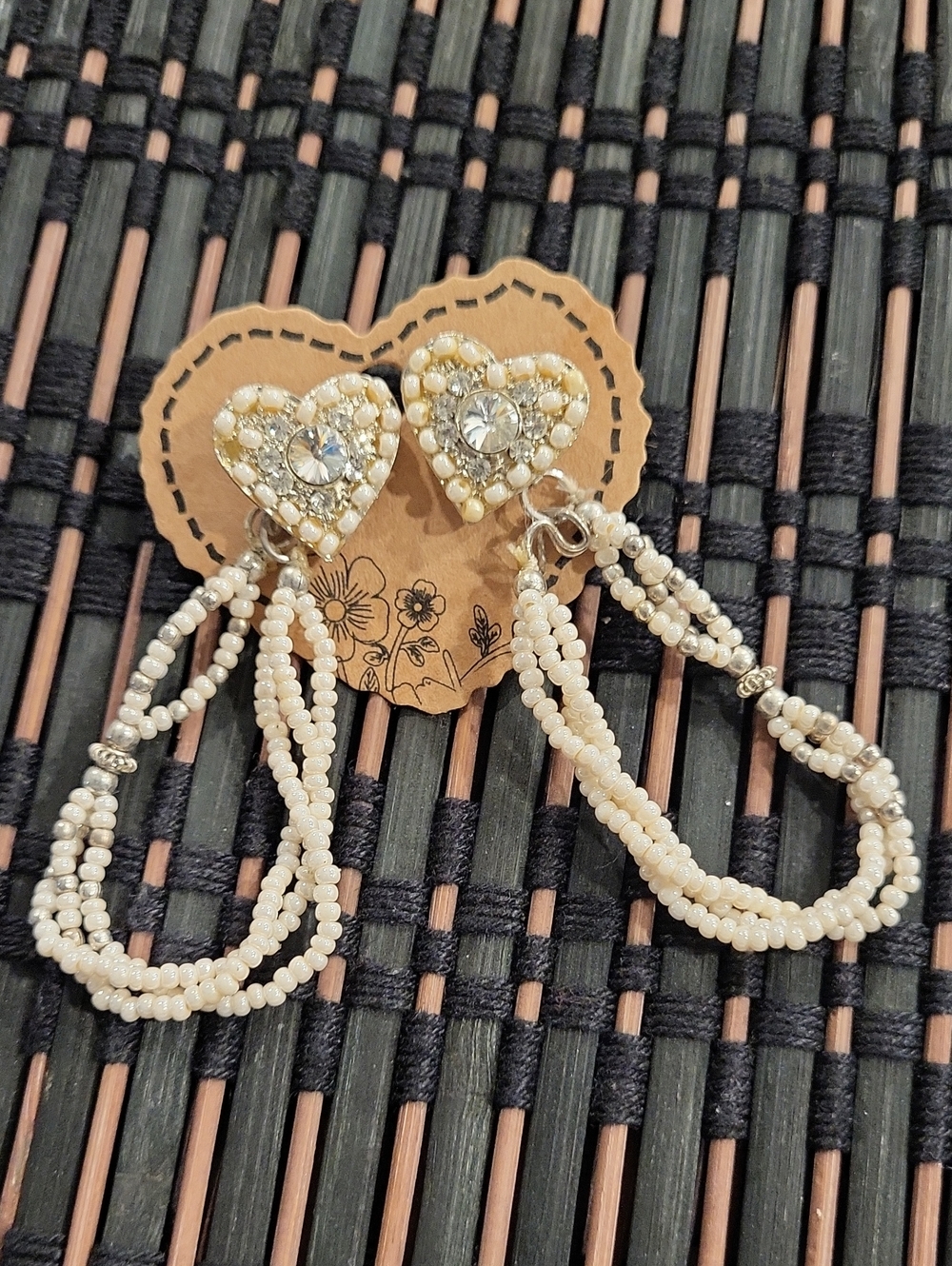 Pearl Heart Drop Earrings - Cream Beaded Dangle